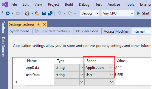 Properties Settings.settings
